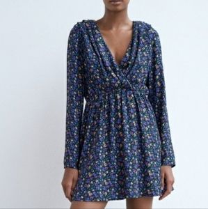 ZARA Floral print padded shoulder V neck long sleeves midi dress Medium NEW